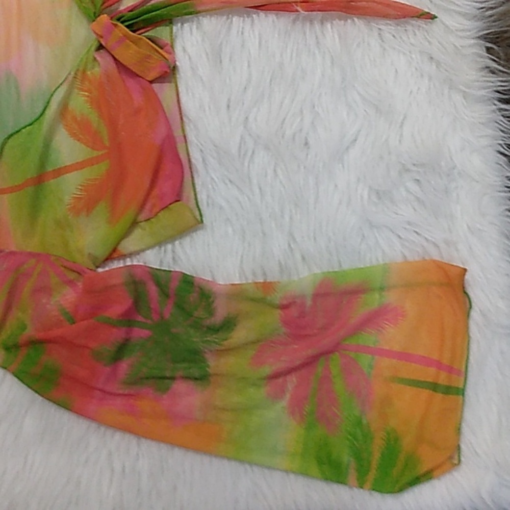 Neon Tropical Print Mesh Sheer Wide Sleeve‎ Tie Front Cropped Cardigan Size Lrg - Picture 3 of 6